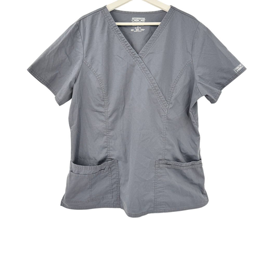 Cherokee Scrub Top Womens XL Pewter Gray Core Stretch Mock Wrap V-Neck 4728